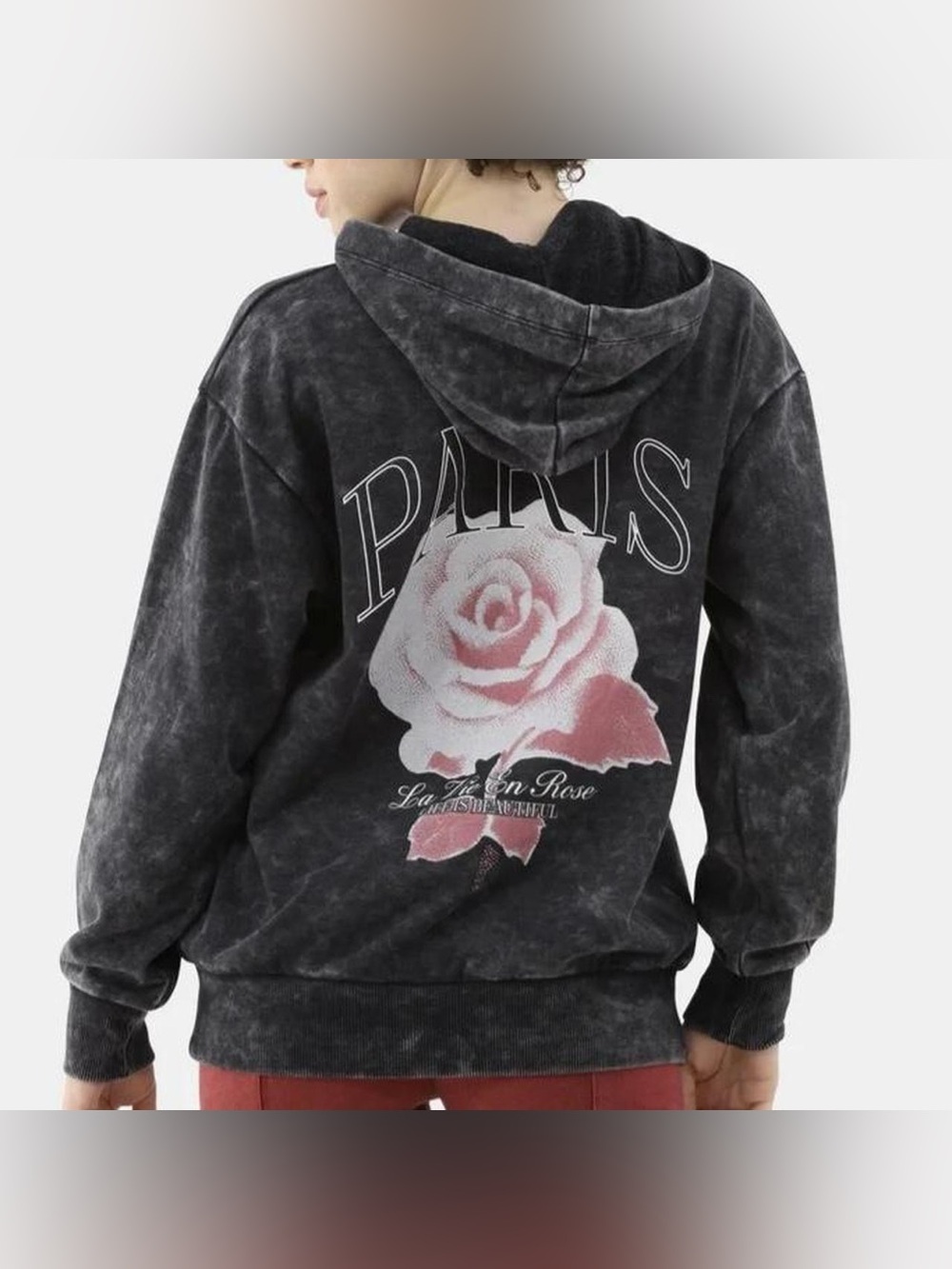 No Boundaries Black Hooded Sweatshirt with Pink Rose "Paris" Graphic